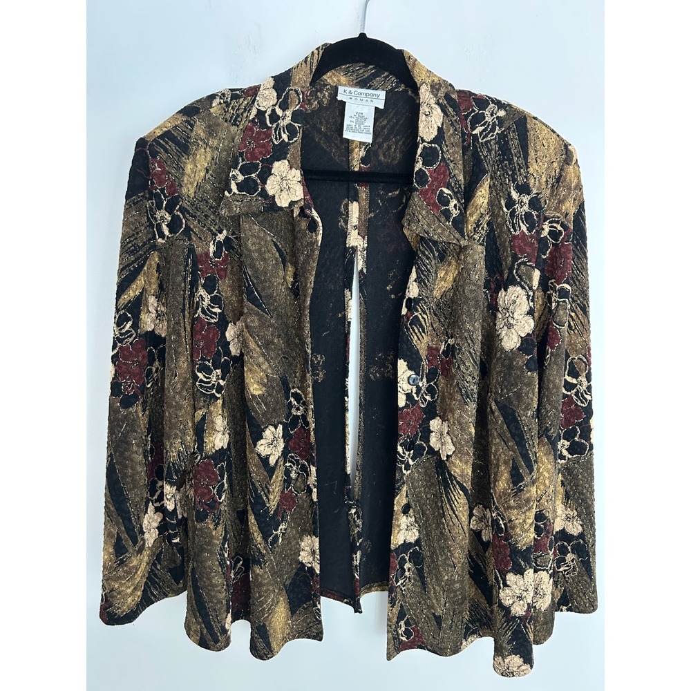 K & Company Woman Metallic Floral Button Front Shirt Gold Black slit back 22W